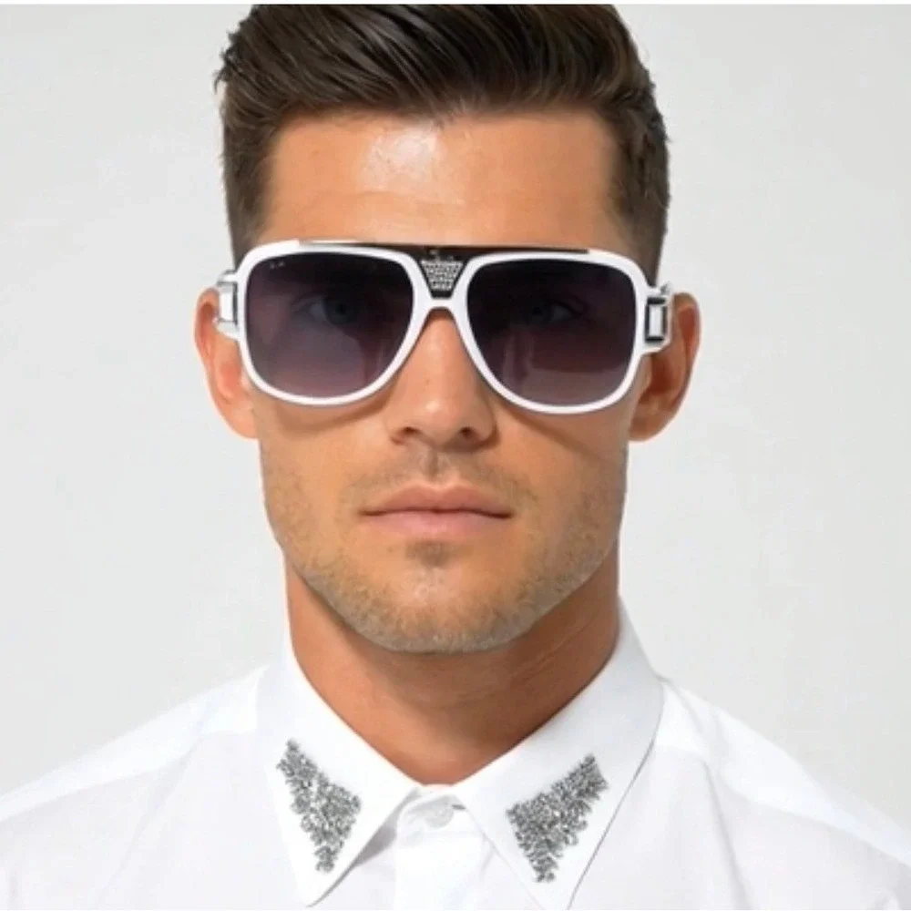Men Oversized Sunglasses bold modern thick‎ white frame striking silver hardware